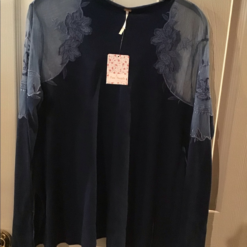 Free People Navy Blue Long Sleeve Tunic with Sheer Embroidered Shoulders
